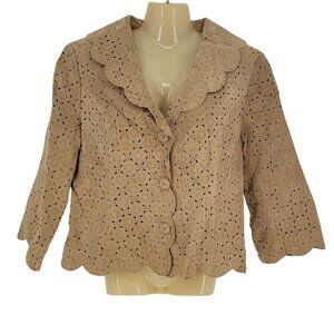 Bamboo Traders womens large tan perforated laser cut suede leather button jacket